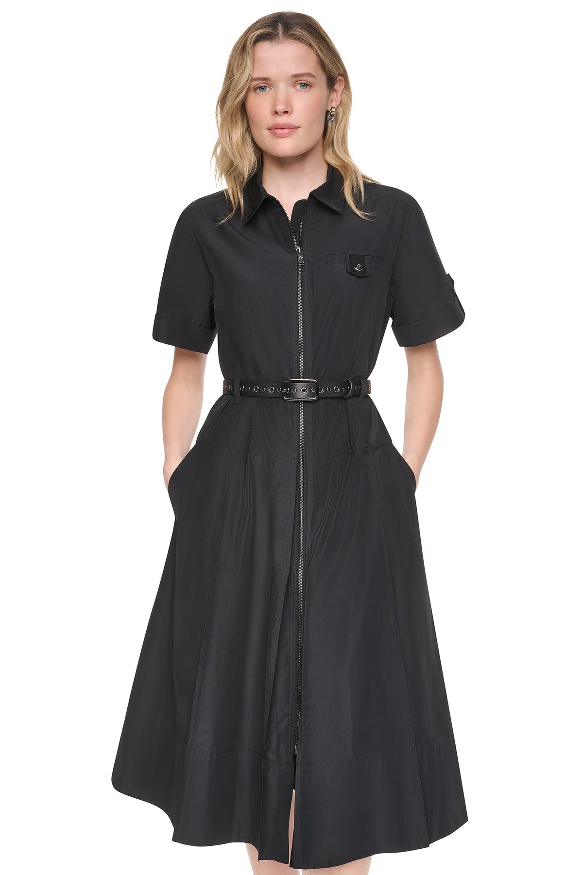 MEMORY TAFFETA ZIP FRONT DRESS