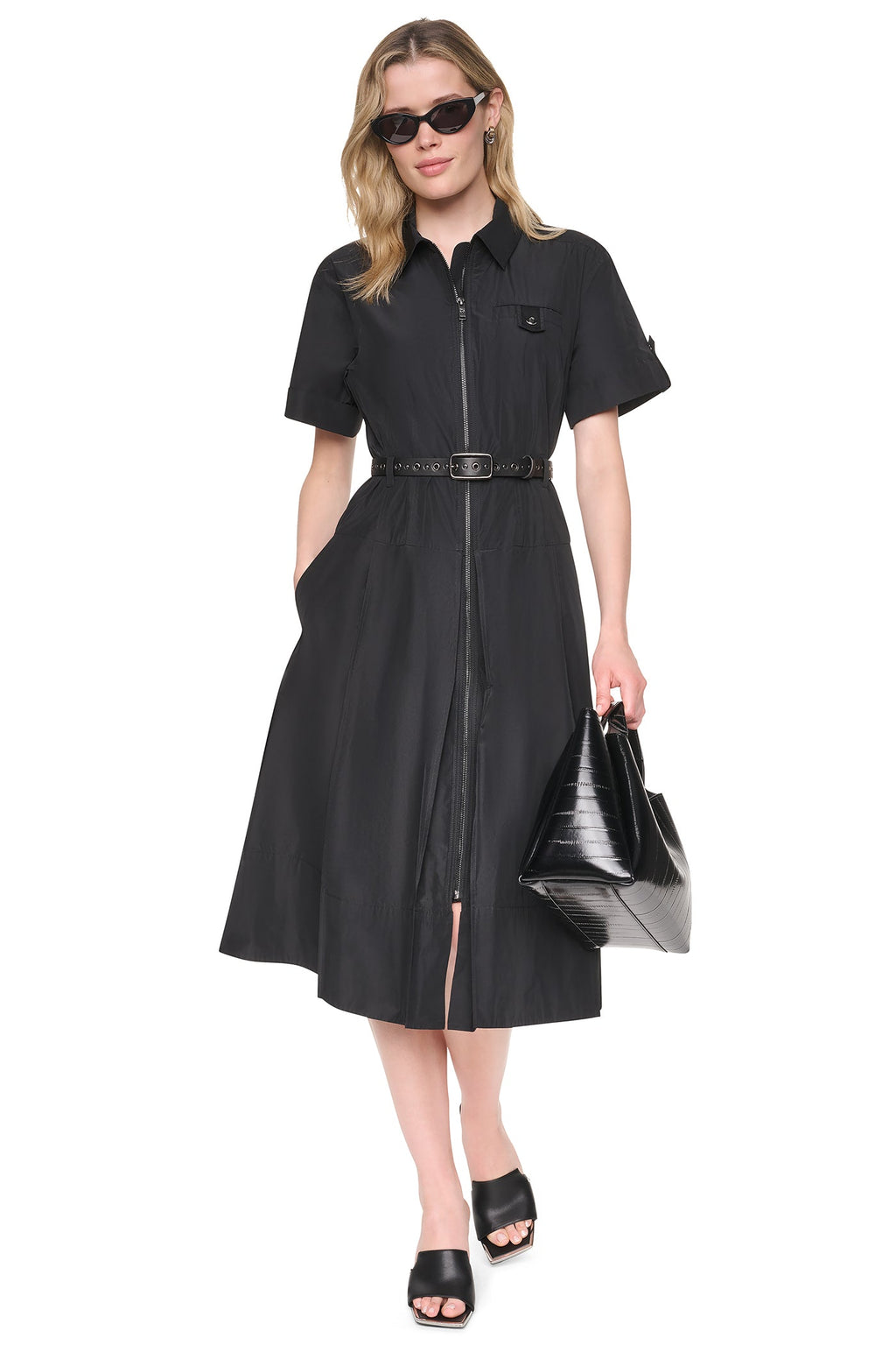 MEMORY TAFFETA ZIP FRONT DRESS