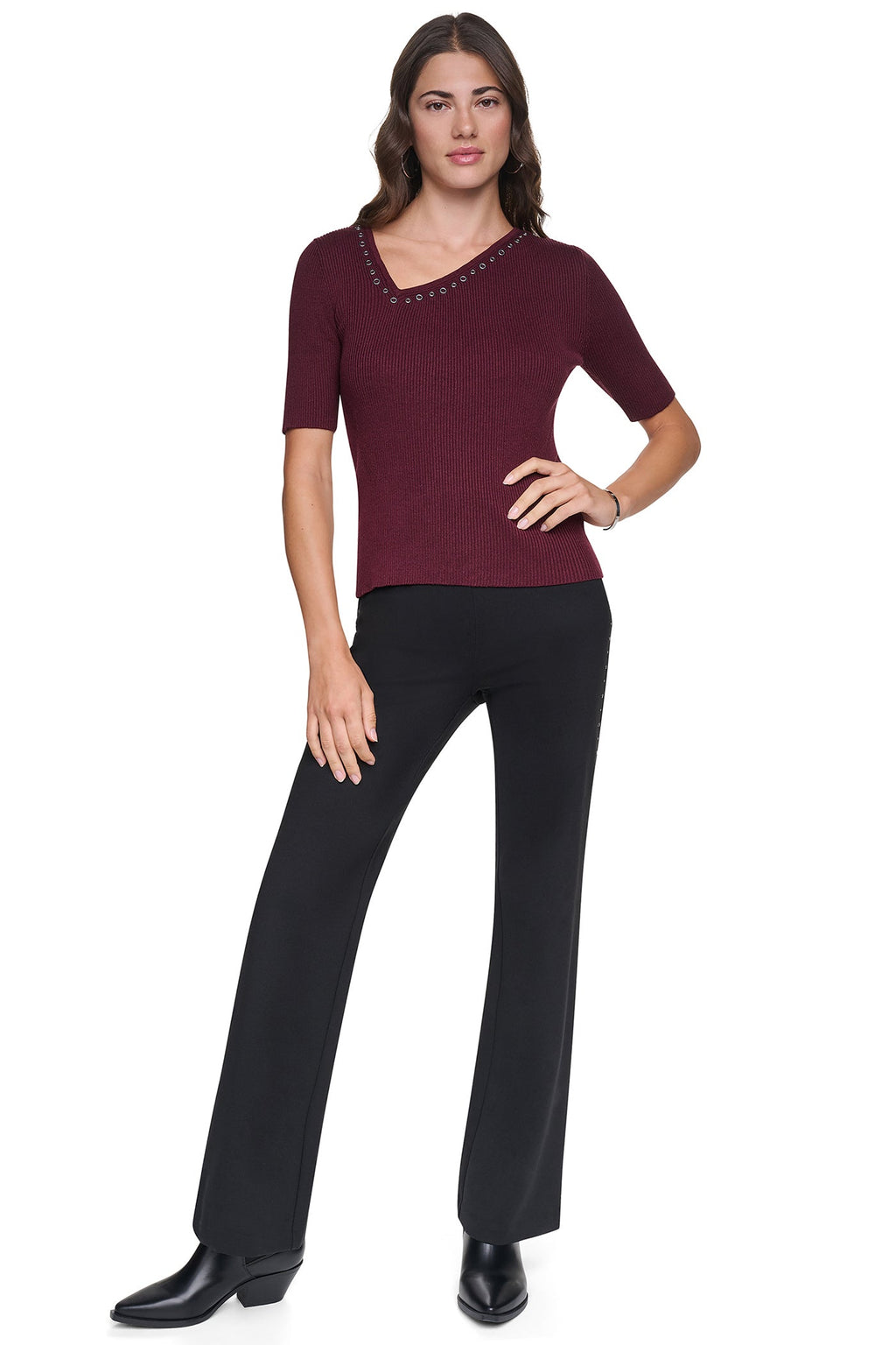 ASYMMETRIC NECK STUDDED SWEATER