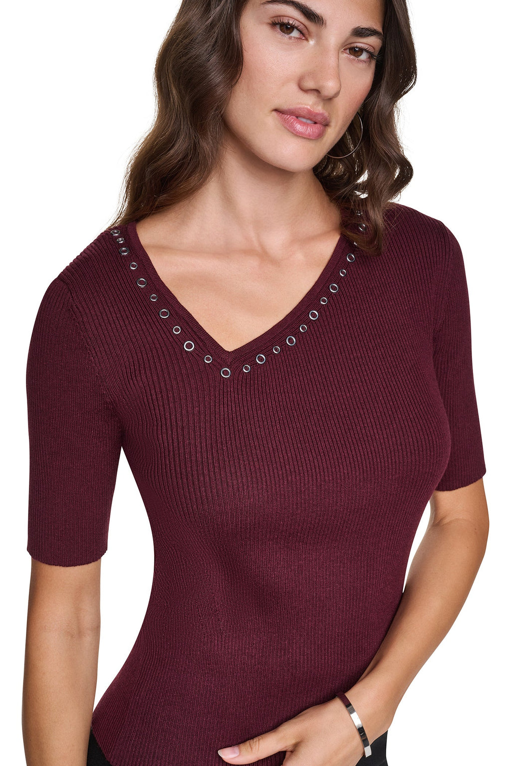 ASYMMETRIC NECK STUDDED SWEATER