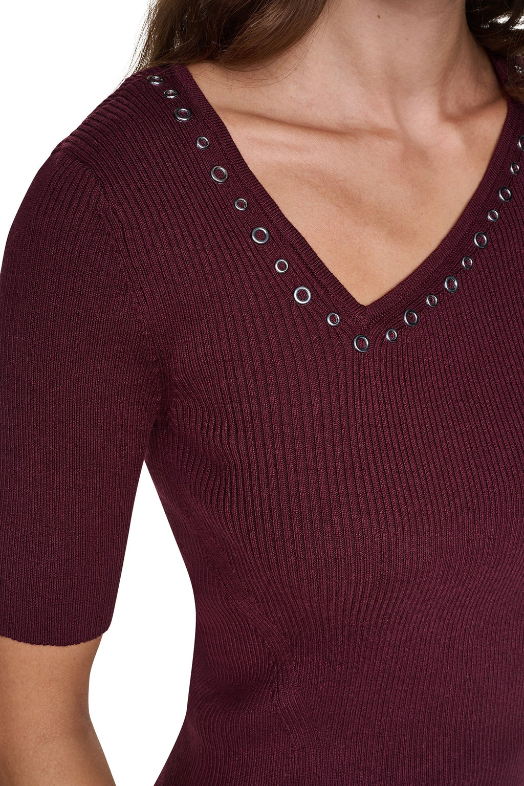 ASYMMETRIC NECK STUDDED SWEATER