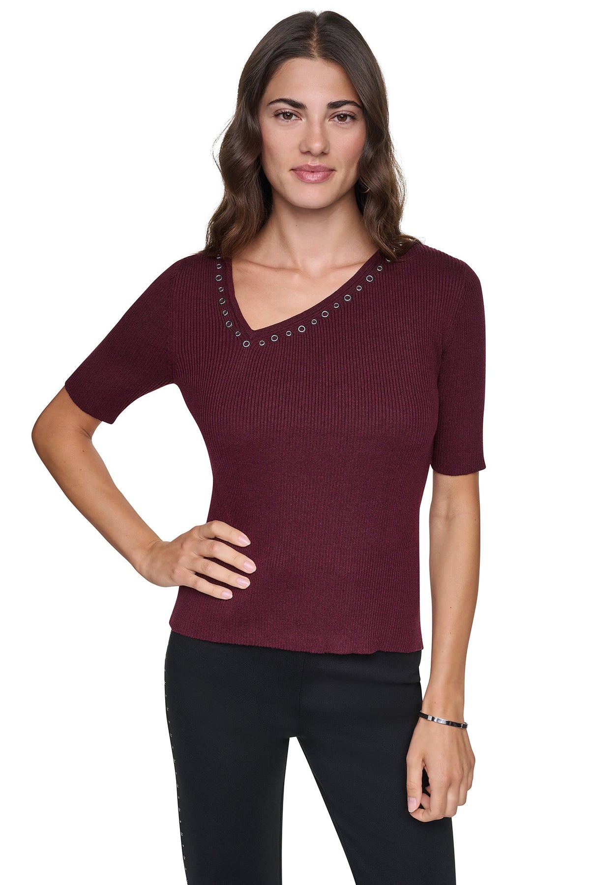 ASYMMETRIC NECK STUDDED SWEATER