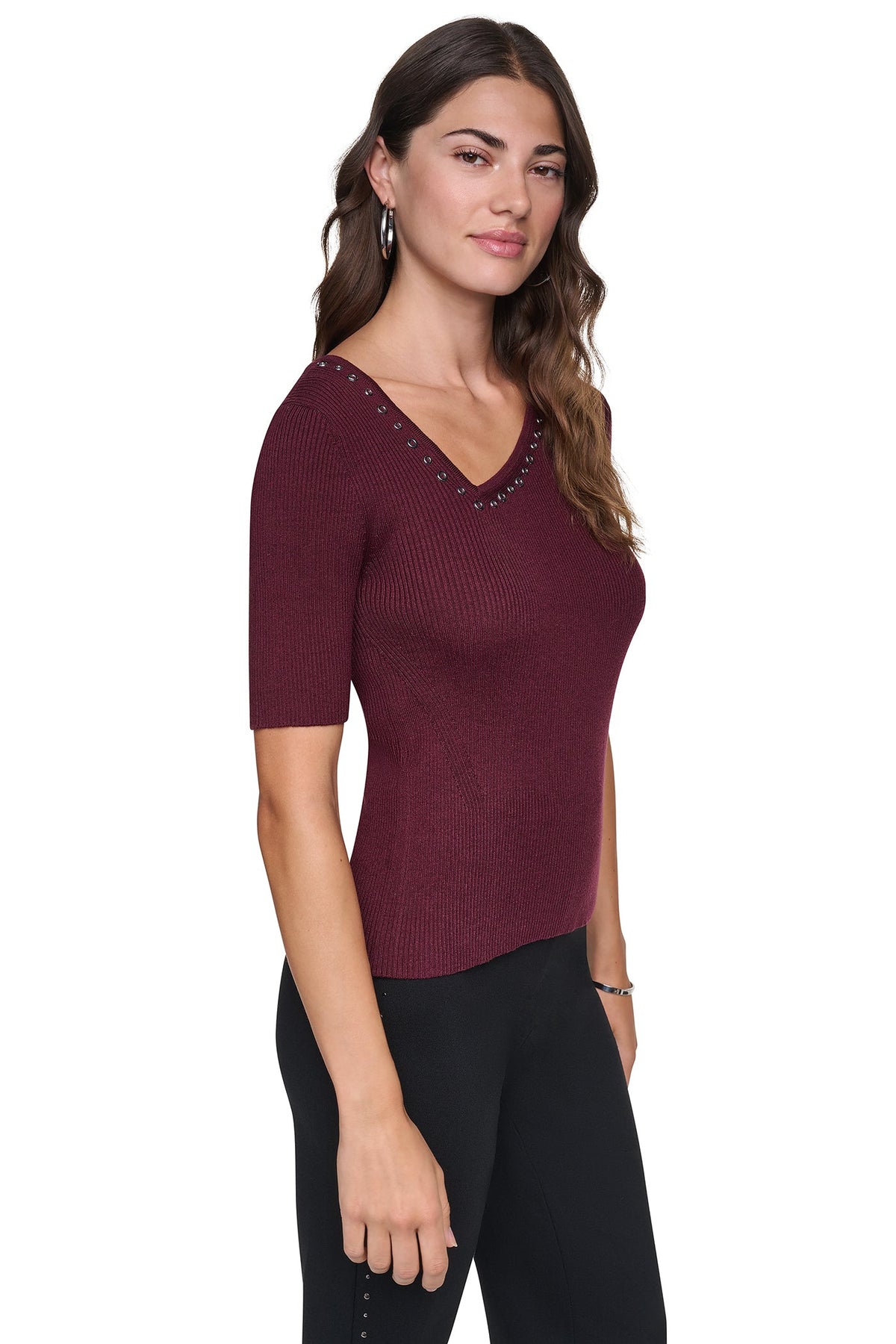 ASYMMETRIC NECK STUDDED SWEATER