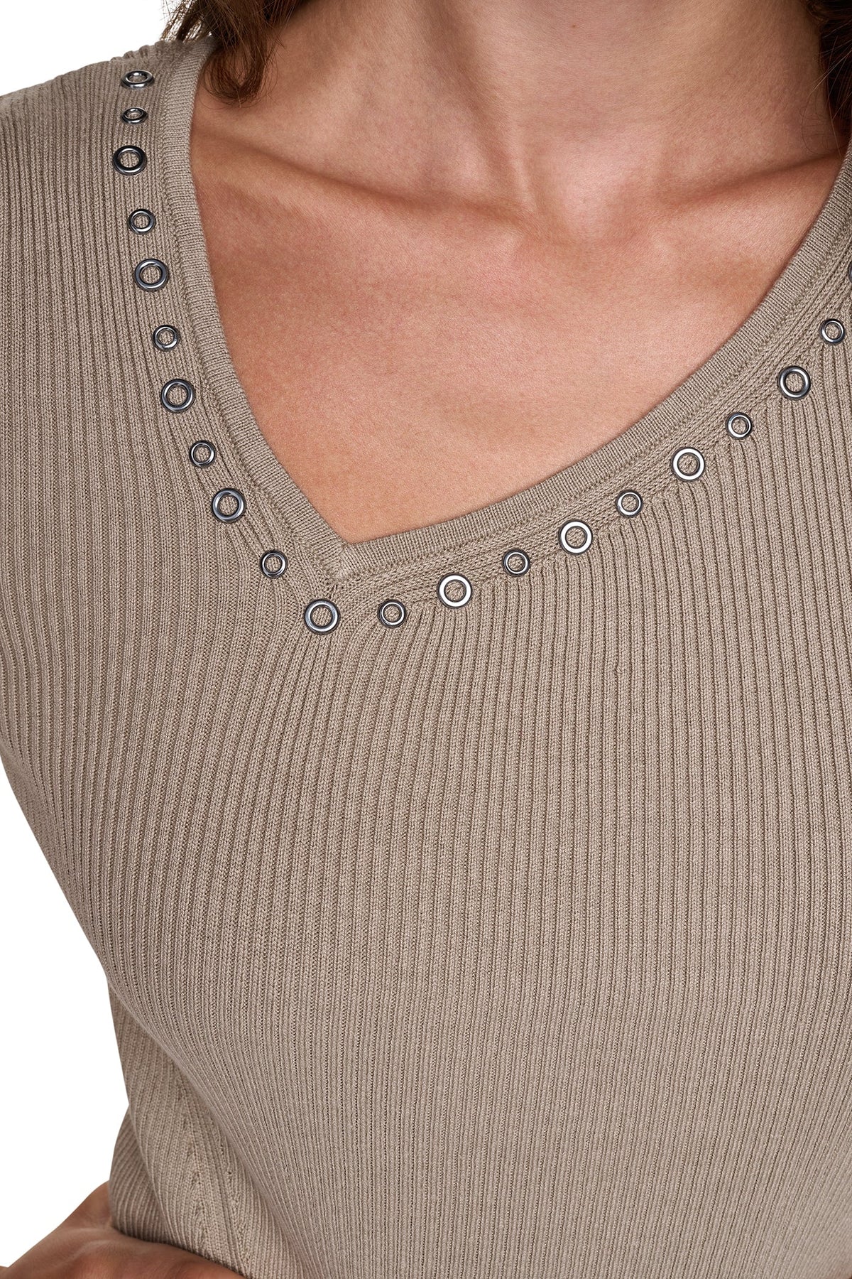 ASYMMETRIC NECK STUDDED SWEATER