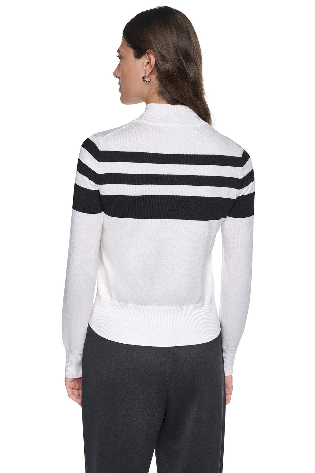 STRIPED MOCK NECK ZIP SWEATER