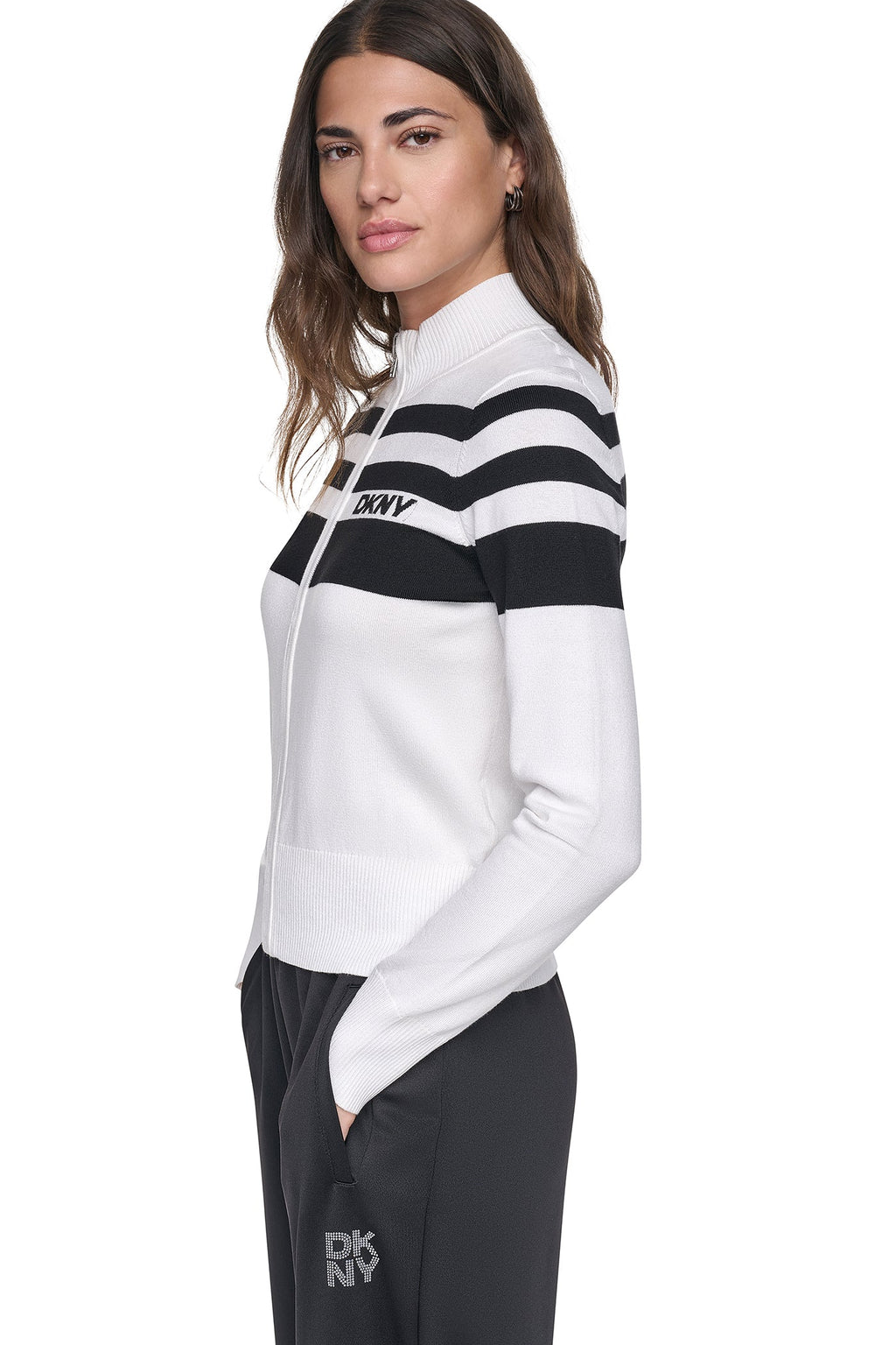 STRIPED MOCK NECK ZIP SWEATER