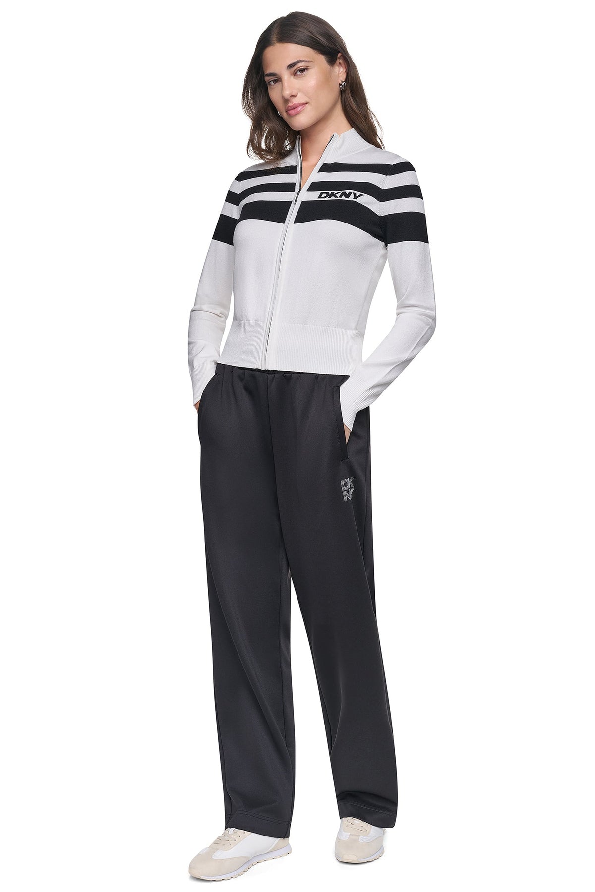 STRIPED MOCK NECK ZIP SWEATER