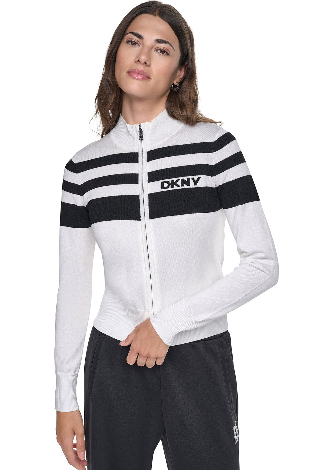 STRIPED MOCK NECK ZIP SWEATER