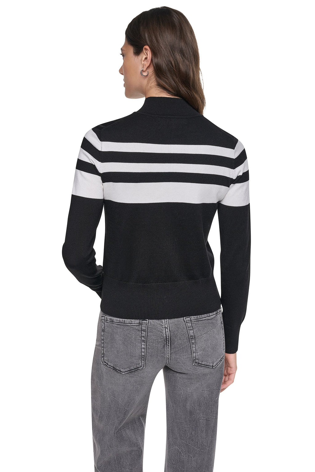 STRIPED MOCK NECK ZIP SWEATER