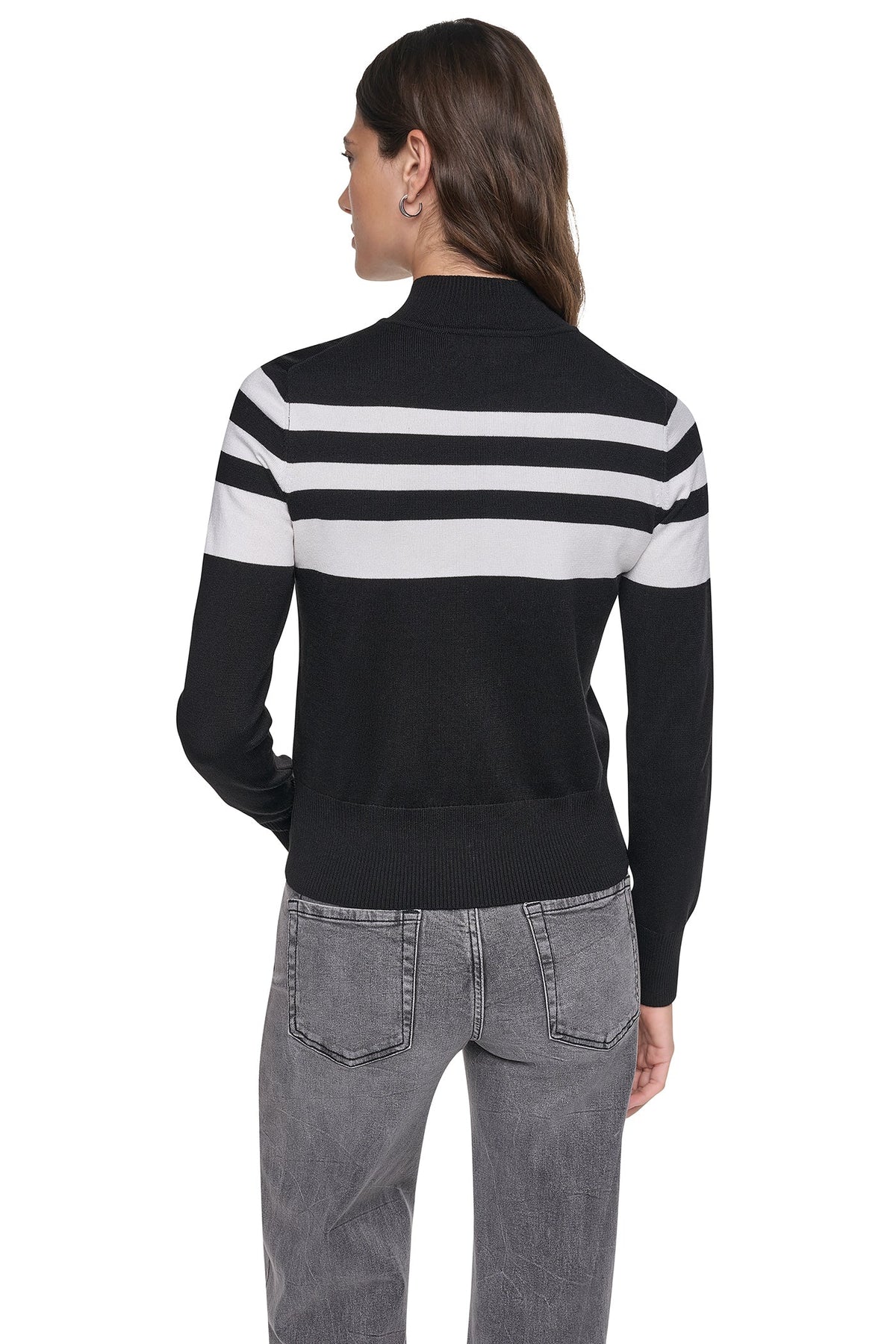 STRIPED MOCK NECK ZIP SWEATER