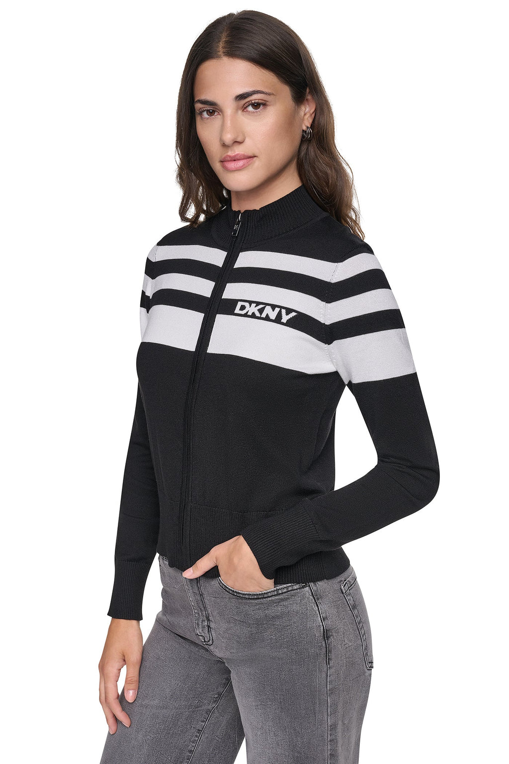 STRIPED MOCK NECK ZIP SWEATER