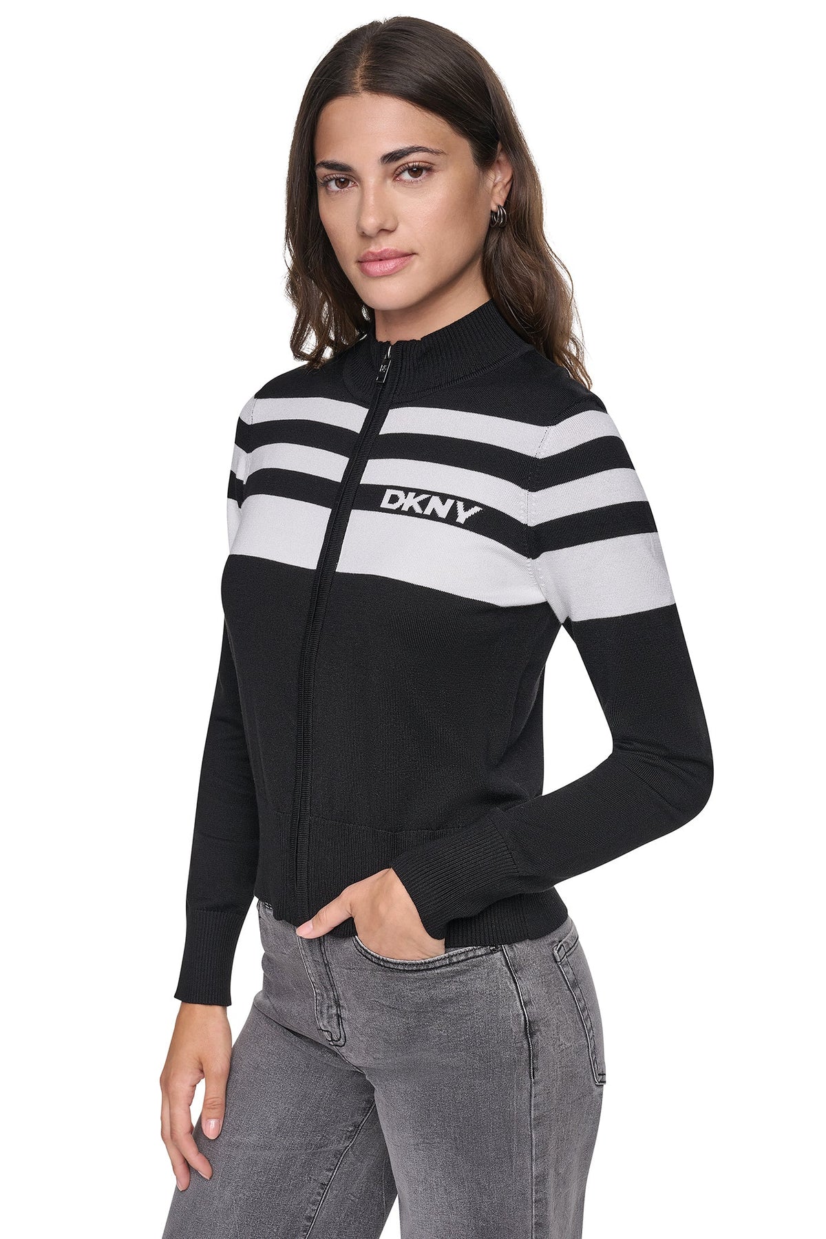 STRIPED MOCK NECK ZIP SWEATER