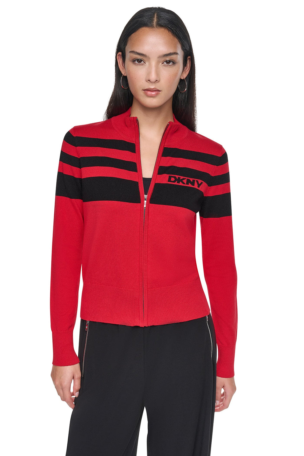 STRIPED MOCK NECK ZIP SWEATER