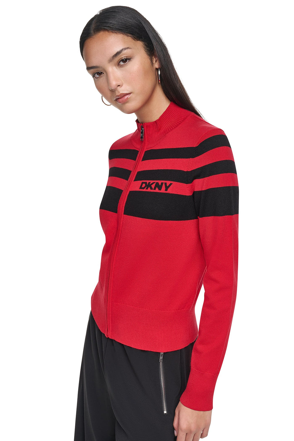STRIPED MOCK NECK ZIP SWEATER