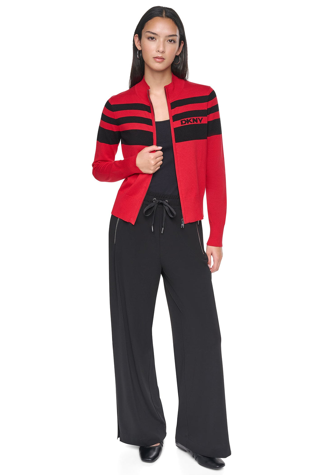 STRIPED MOCK NECK ZIP SWEATER