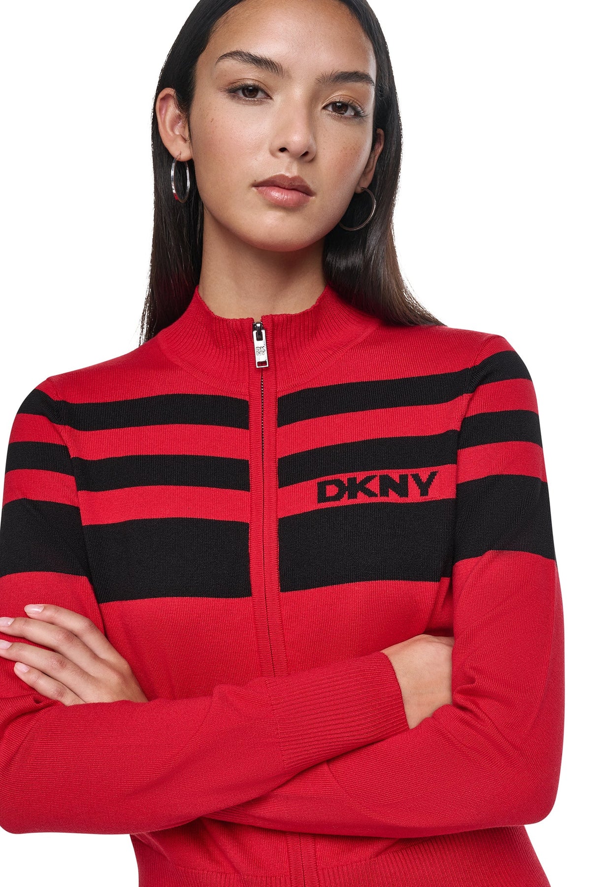 STRIPED MOCK NECK ZIP SWEATER