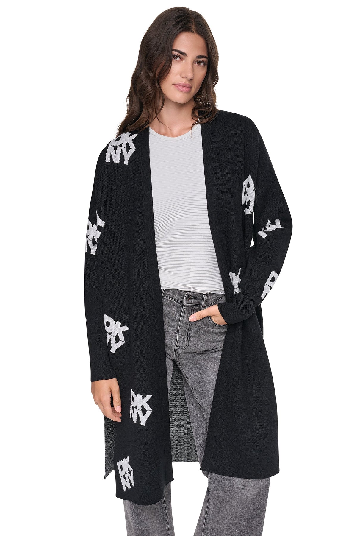 ALL-OVER STACK LOGO LONG CARDIGAN
