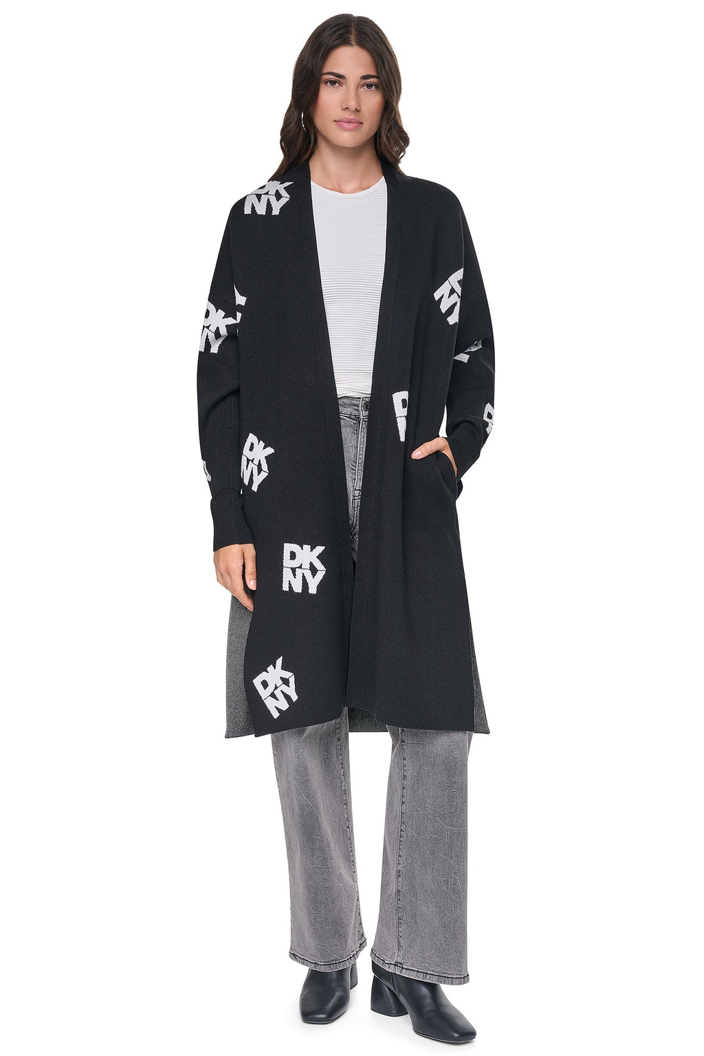ALL-OVER STACK LOGO LONG CARDIGAN