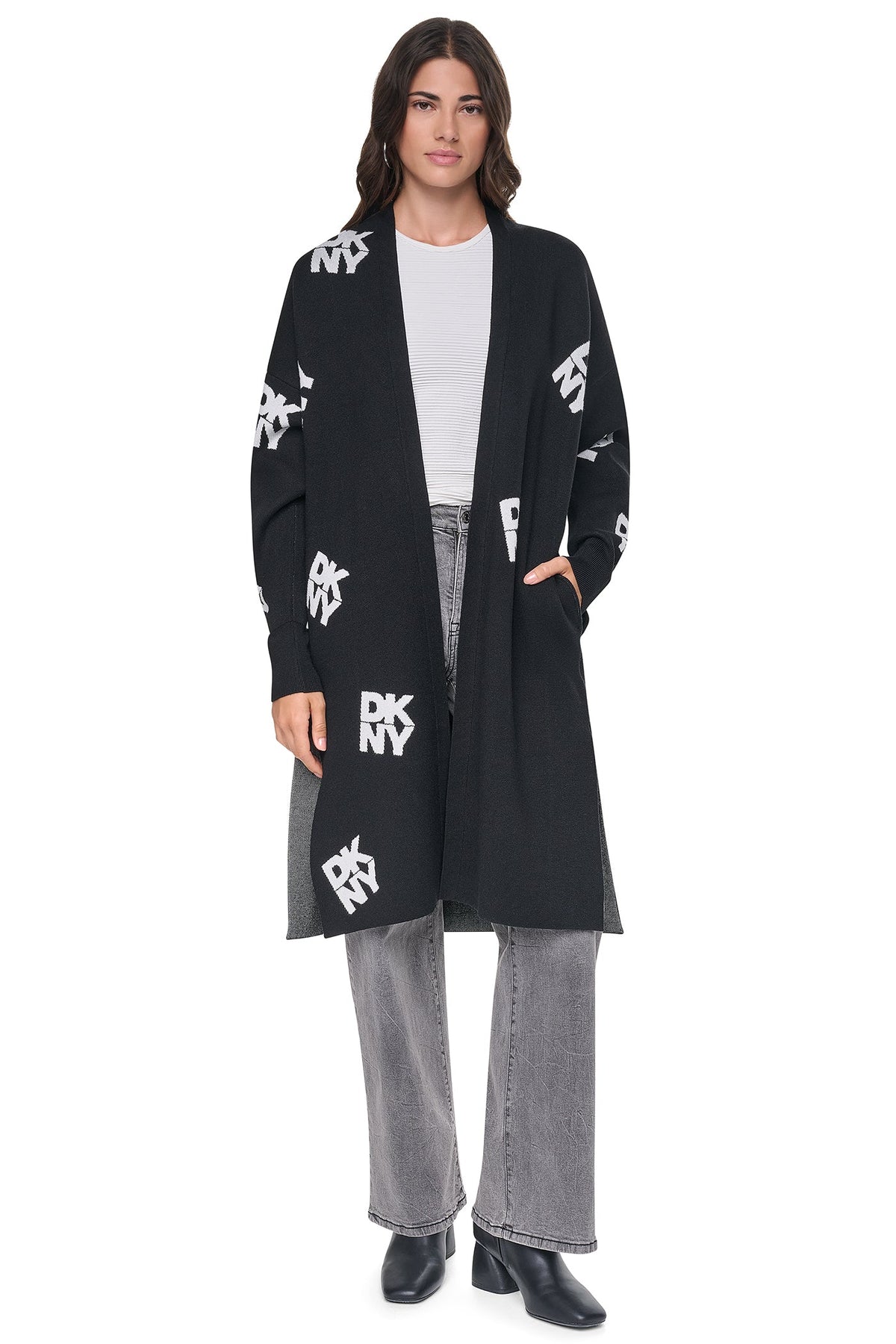 ALL-OVER STACK LOGO LONG CARDIGAN