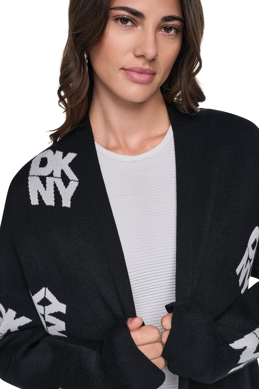 ALL-OVER STACK LOGO LONG CARDIGAN