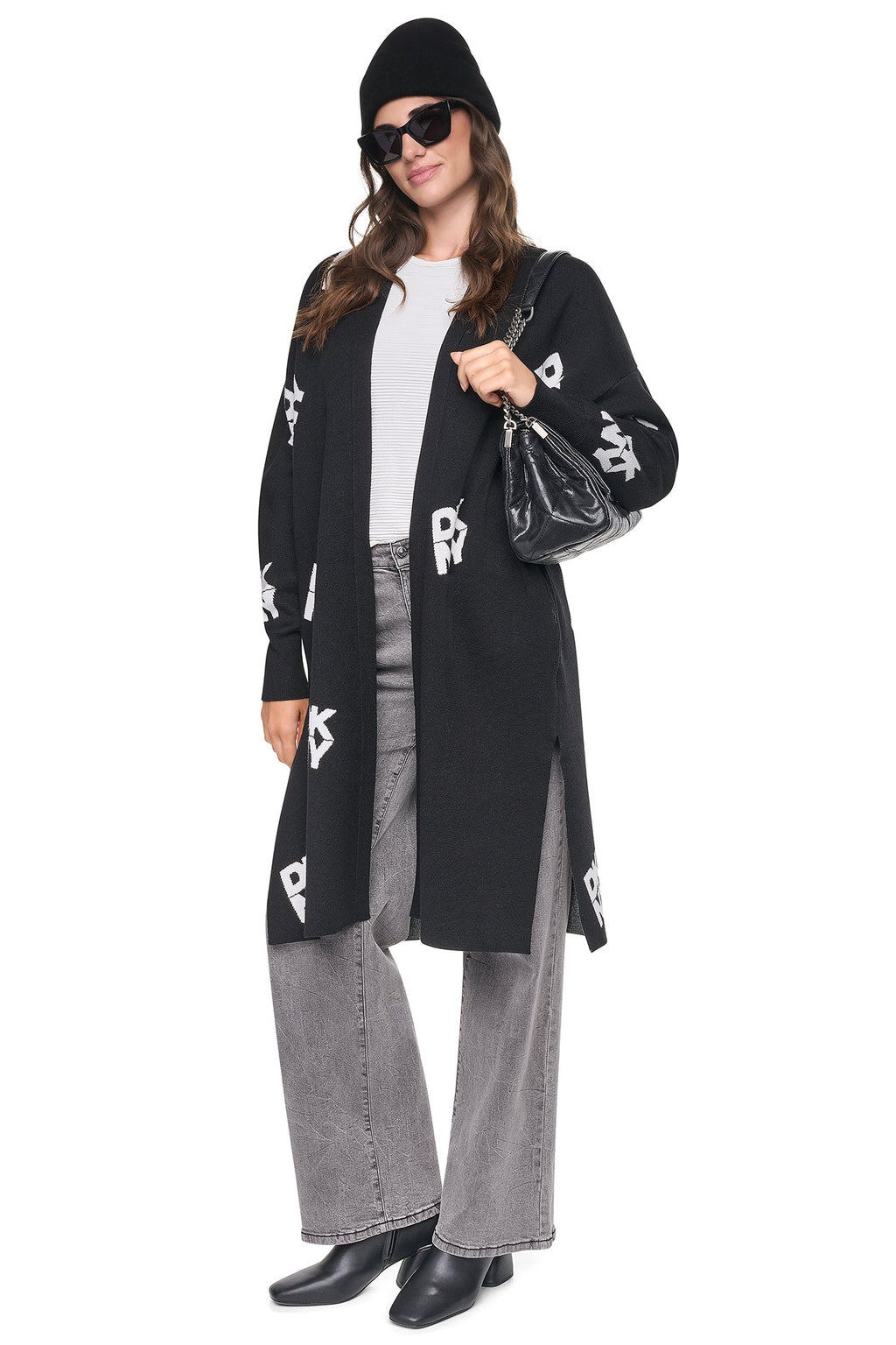 ALL-OVER STACK LOGO LONG CARDIGAN