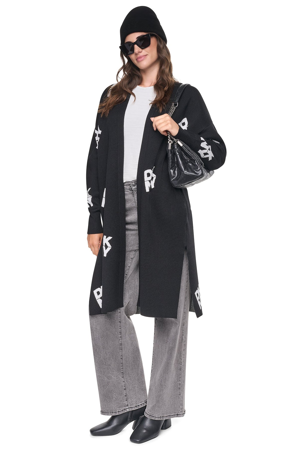 ALL-OVER STACK LOGO LONG CARDIGAN