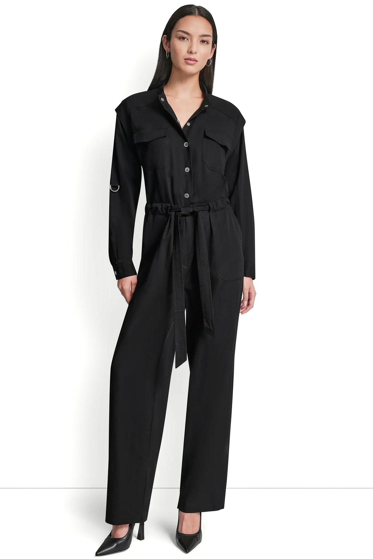 LONG SLEEVE COLLARLESS UTILITY JUMPSUIT