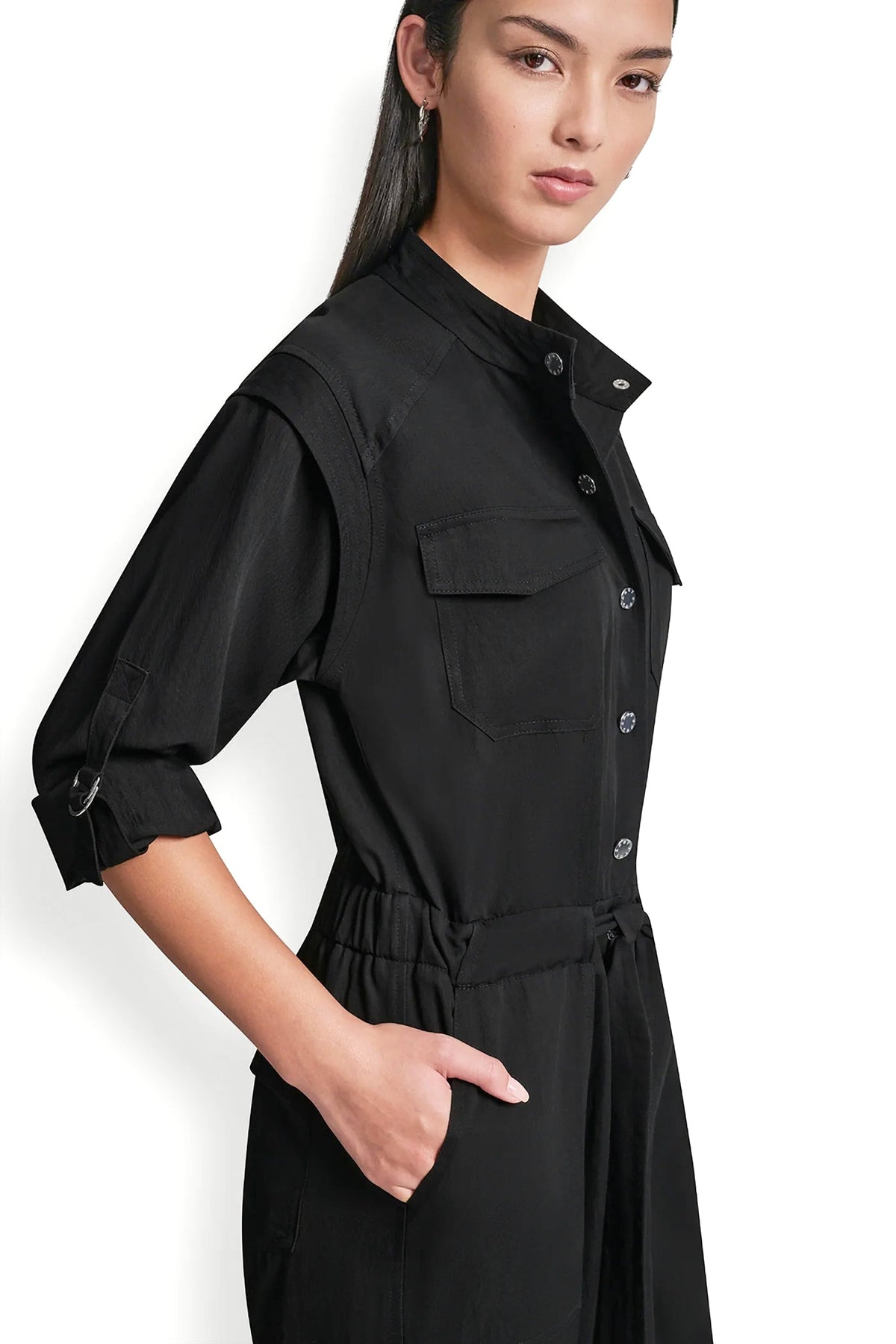 LONG SLEEVE COLLARLESS UTILITY JUMPSUIT