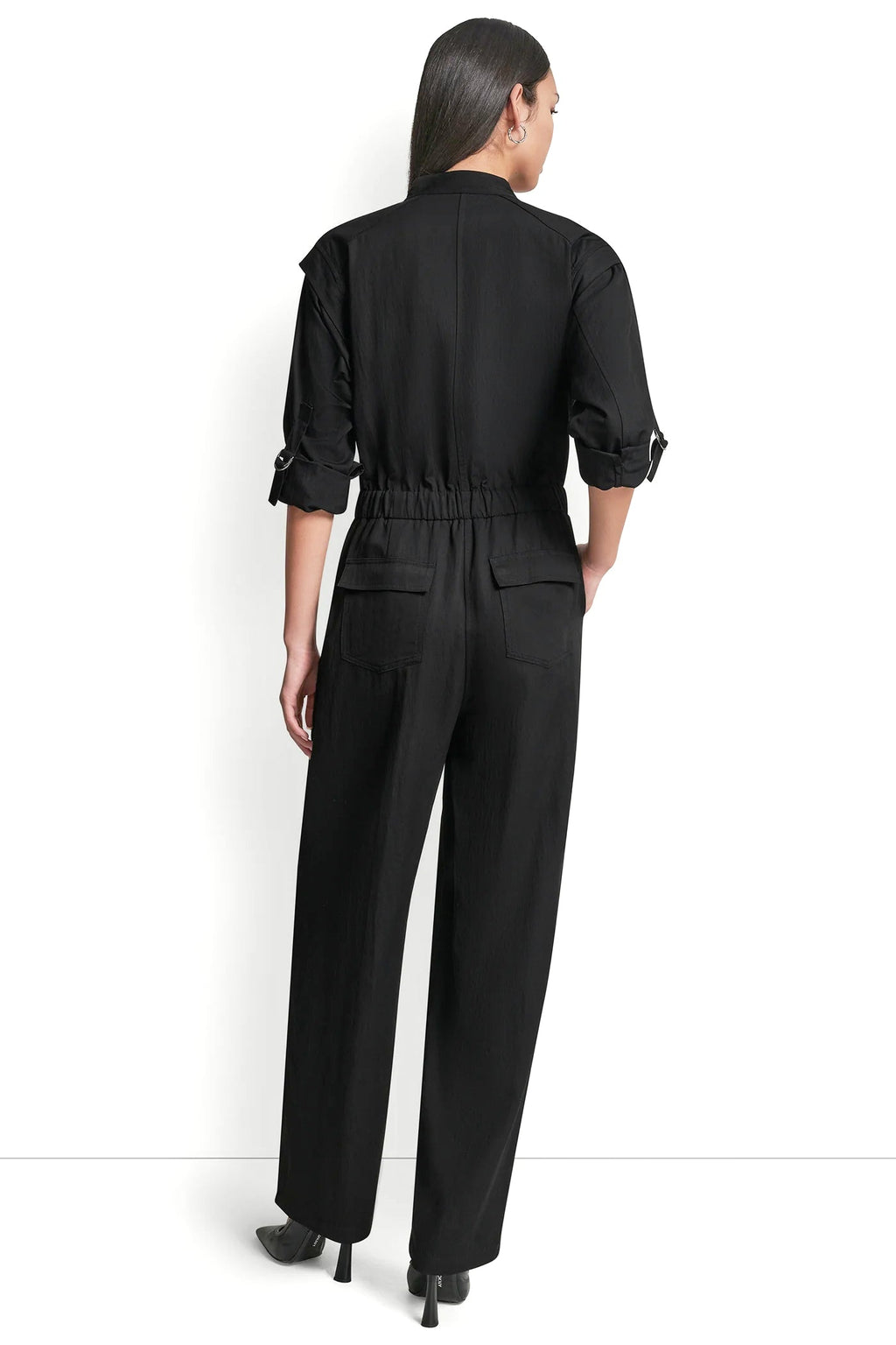 LONG SLEEVE COLLARLESS UTILITY JUMPSUIT