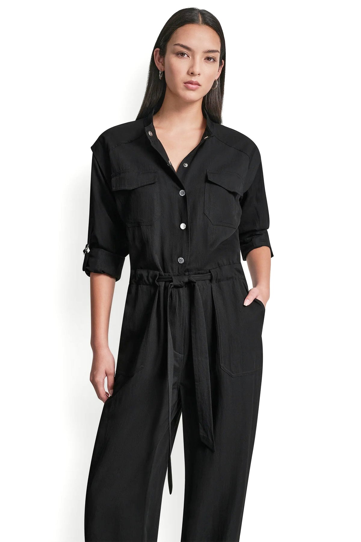 LONG SLEEVE COLLARLESS UTILITY JUMPSUIT