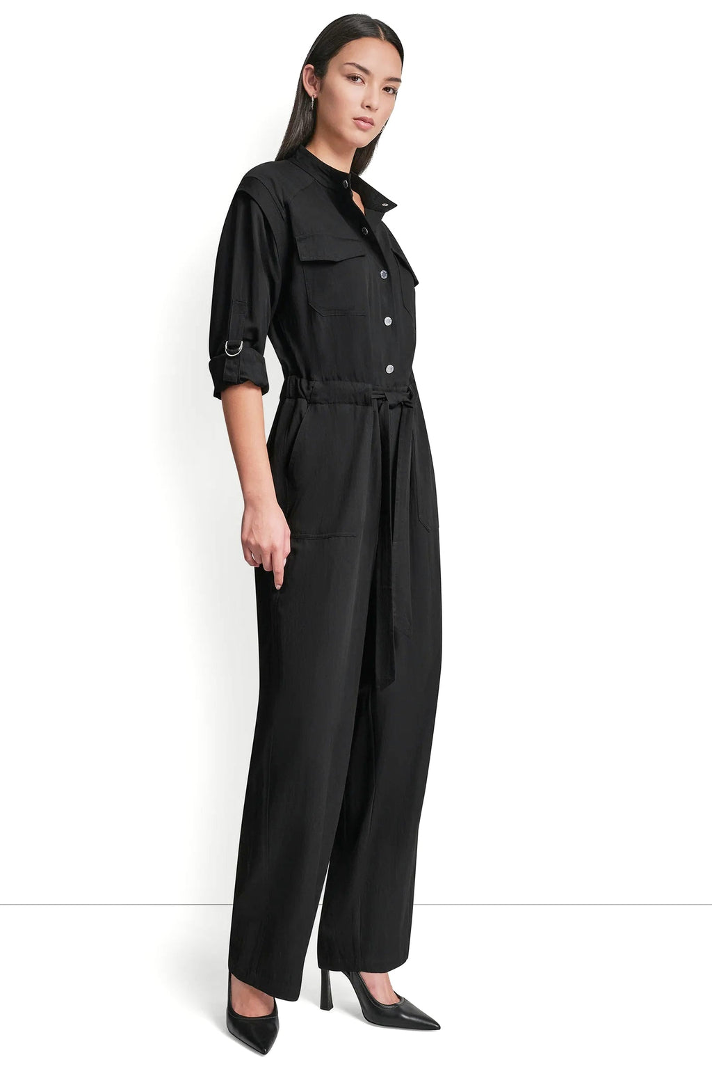 LONG SLEEVE COLLARLESS UTILITY JUMPSUIT