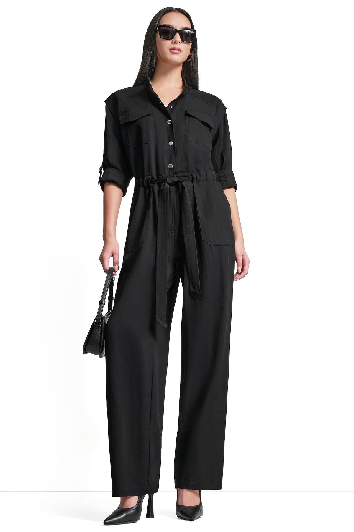 LONG SLEEVE COLLARLESS UTILITY JUMPSUIT