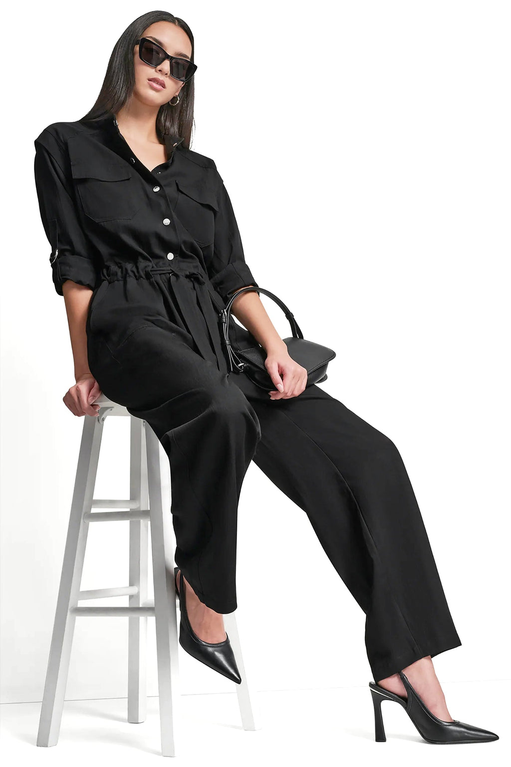 LONG SLEEVE COLLARLESS UTILITY JUMPSUIT