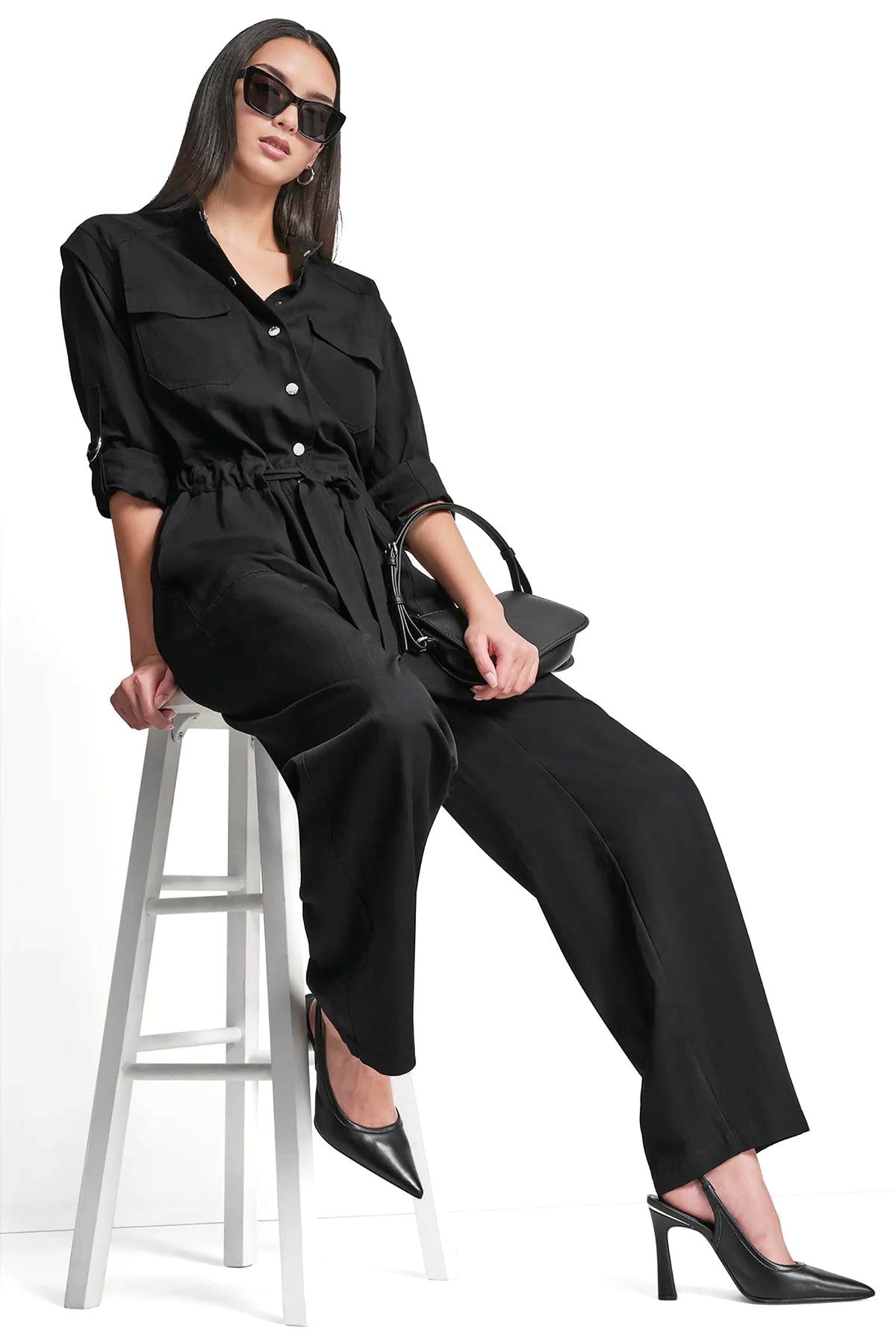 LONG SLEEVE COLLARLESS UTILITY JUMPSUIT