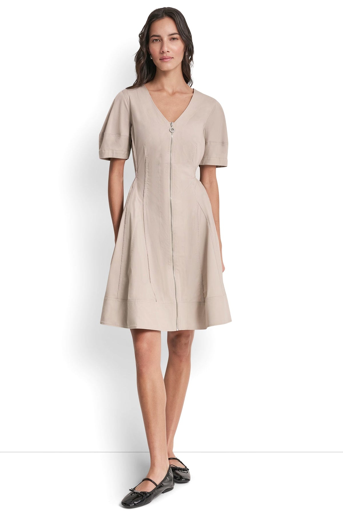 SHORT SLEEVE PLEATED FIT & FLARE DRESS