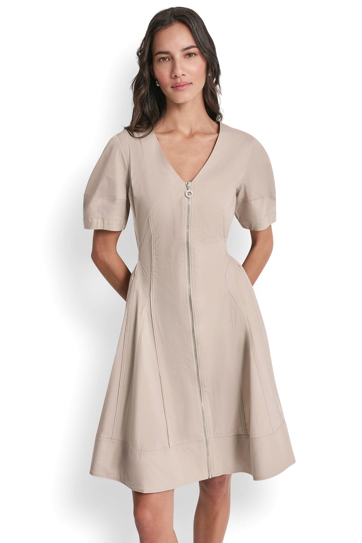 SHORT SLEEVE PLEATED FIT & FLARE DRESS