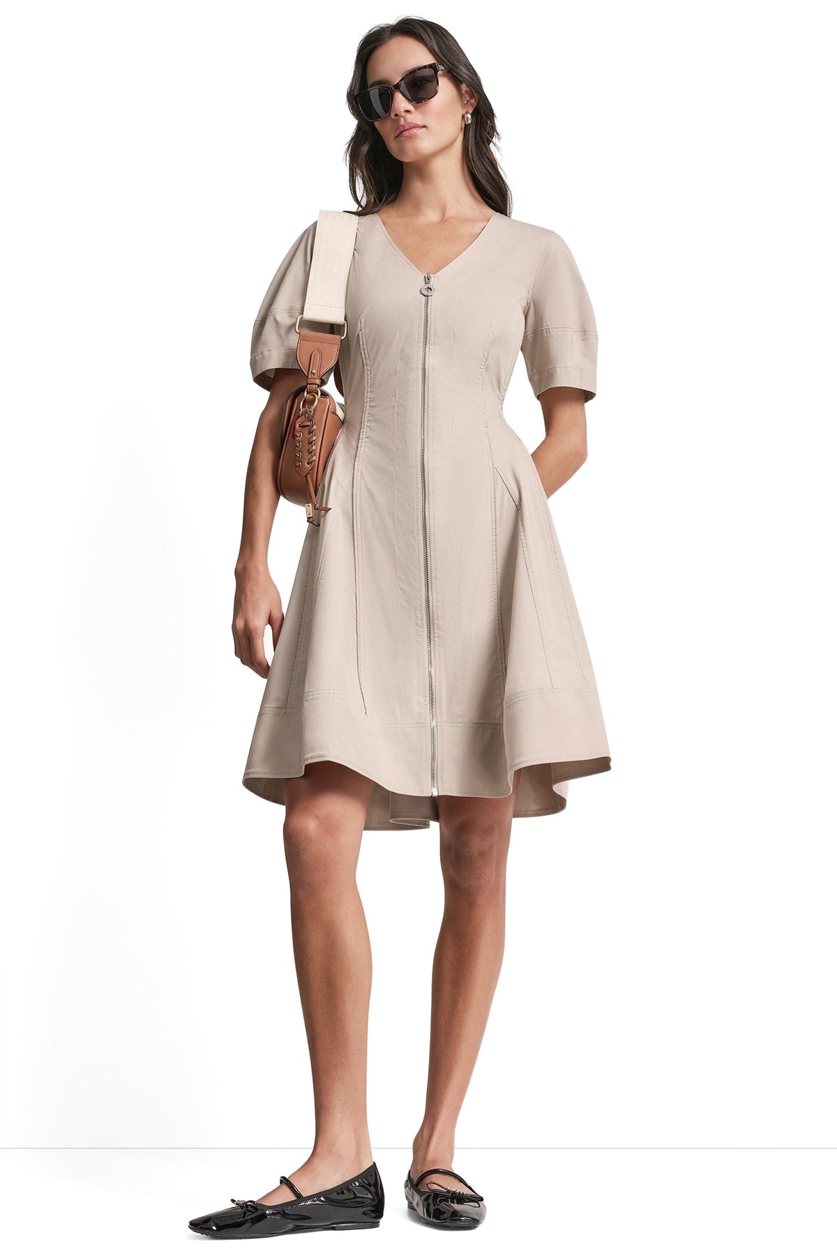 SHORT SLEEVE PLEATED FIT & FLARE DRESS