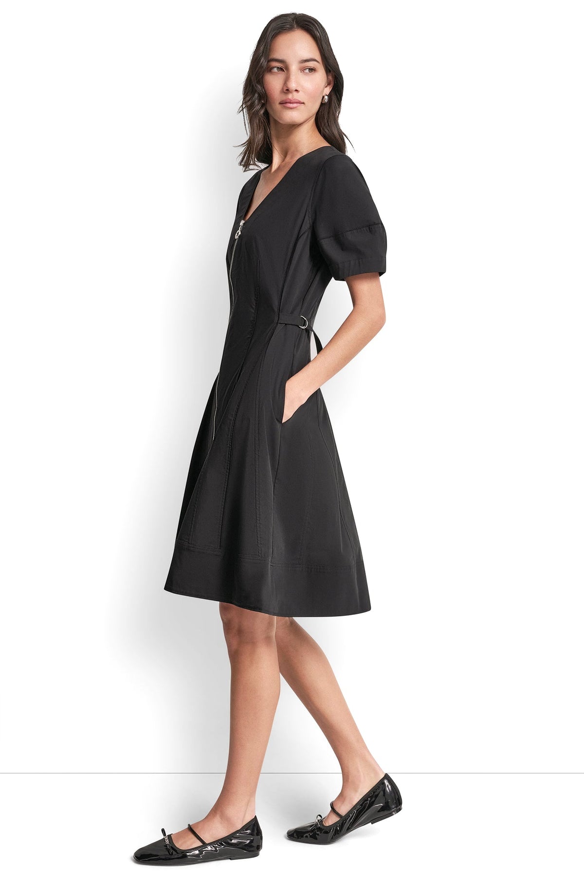 SHORT SLEEVE PLEATED FIT & FLARE DRESS