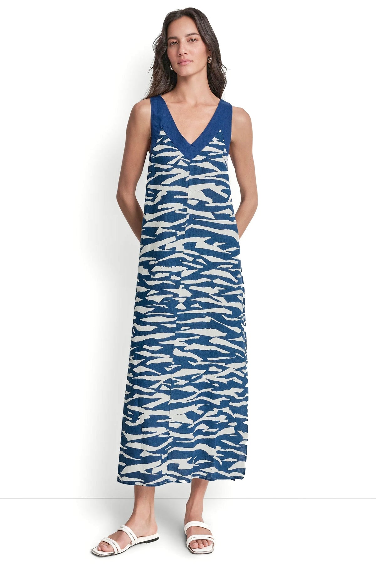 LINEN SLEEVELESS COLOR-BLOCK MIDI DRESS
