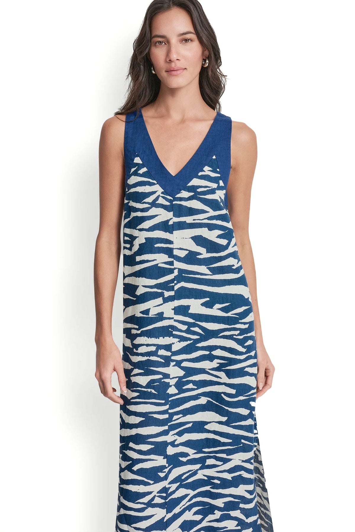 LINEN SLEEVELESS COLOR-BLOCK MIDI DRESS