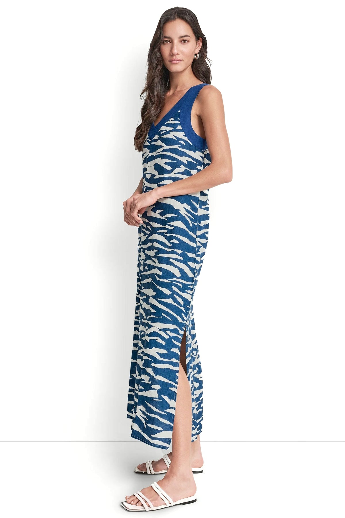 LINEN SLEEVELESS COLOR-BLOCK MIDI DRESS