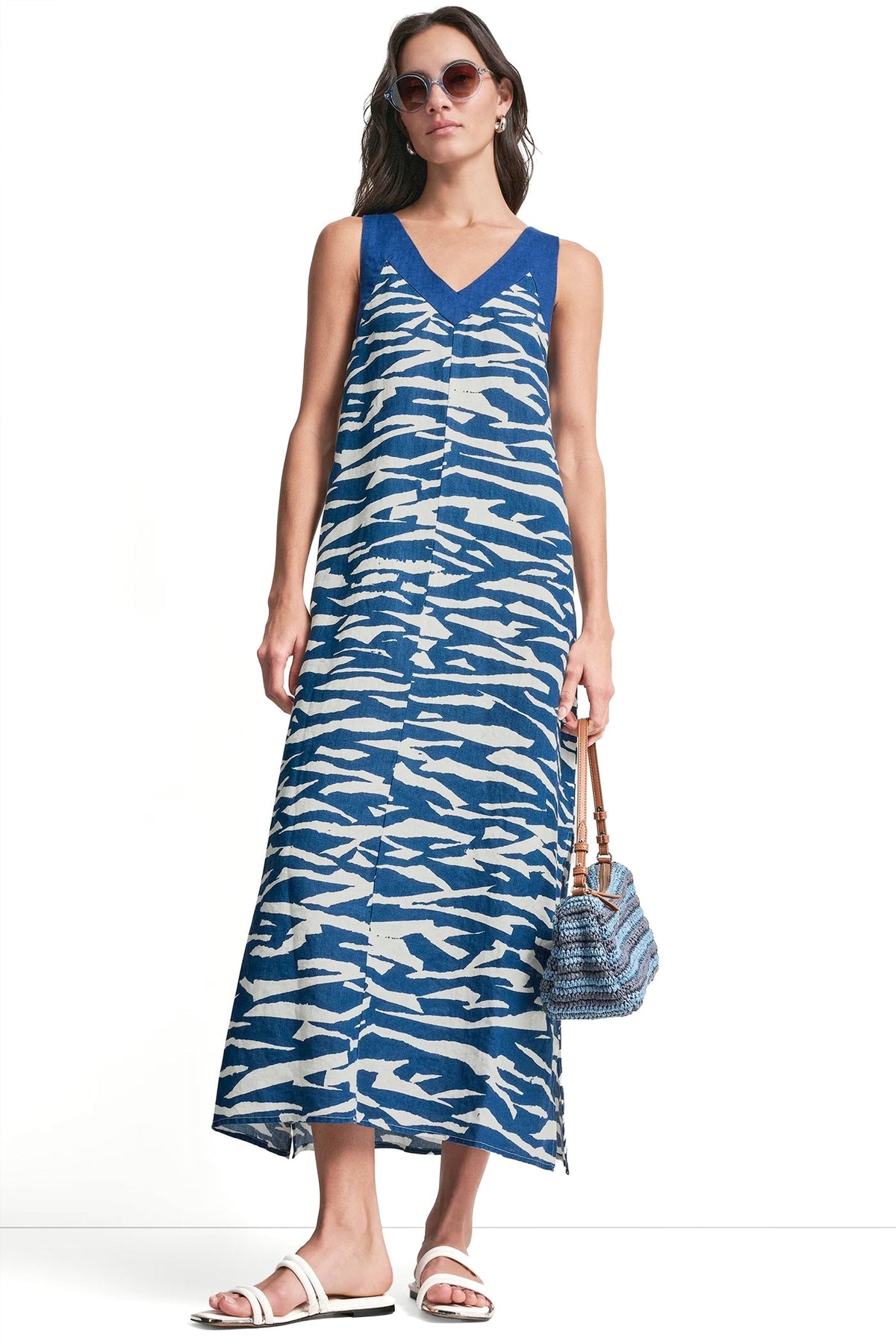 LINEN SLEEVELESS COLOR-BLOCK MIDI DRESS
