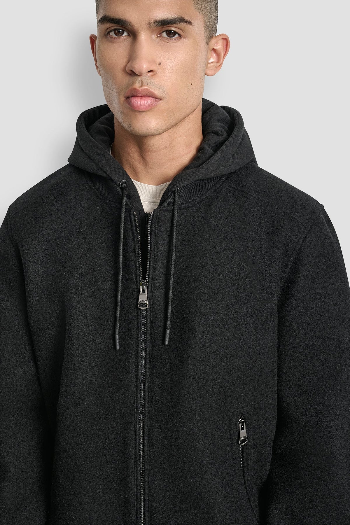 FAUX WOOL BOMBER WITH HOODED BIB