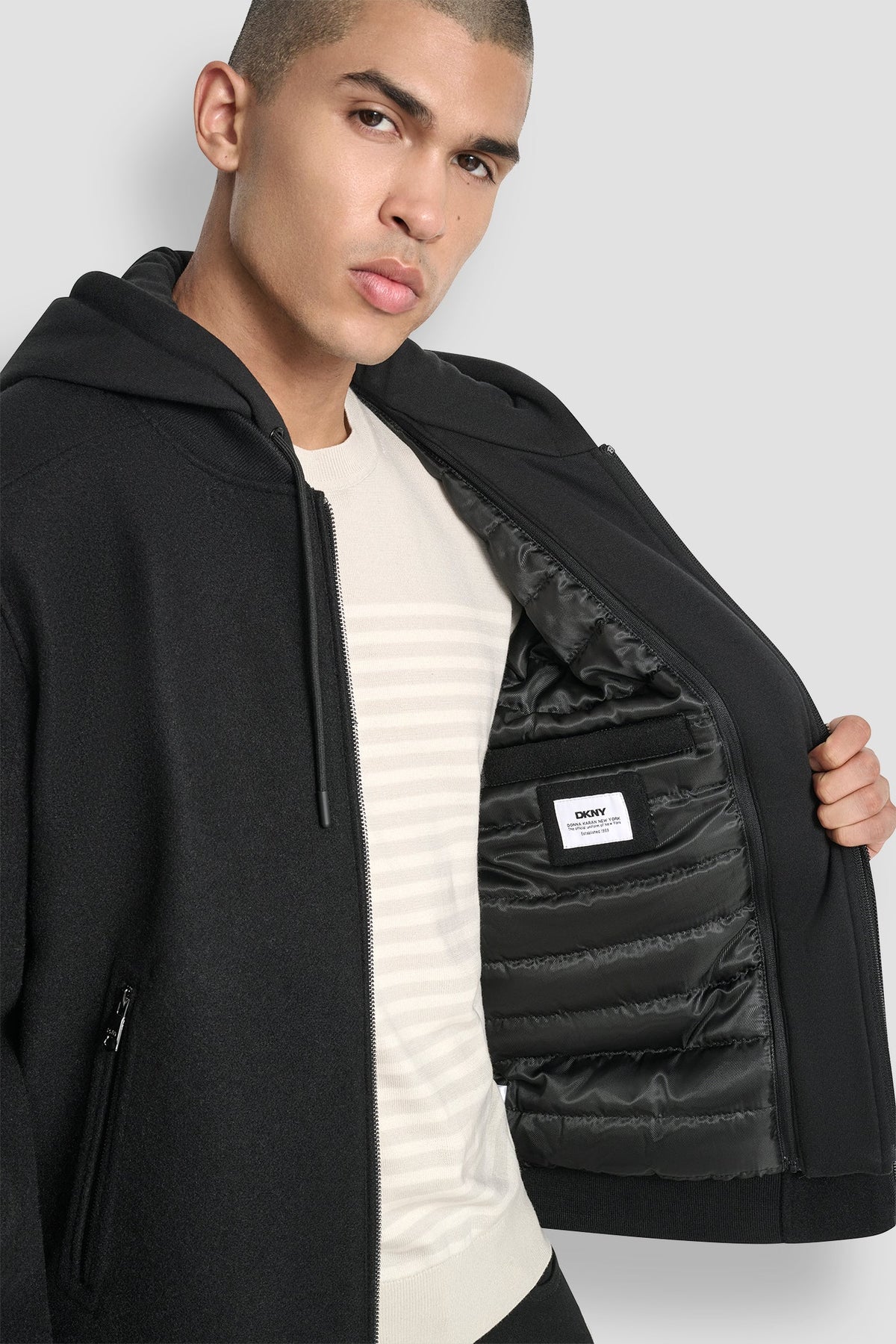 FAUX WOOL BOMBER WITH HOODED BIB