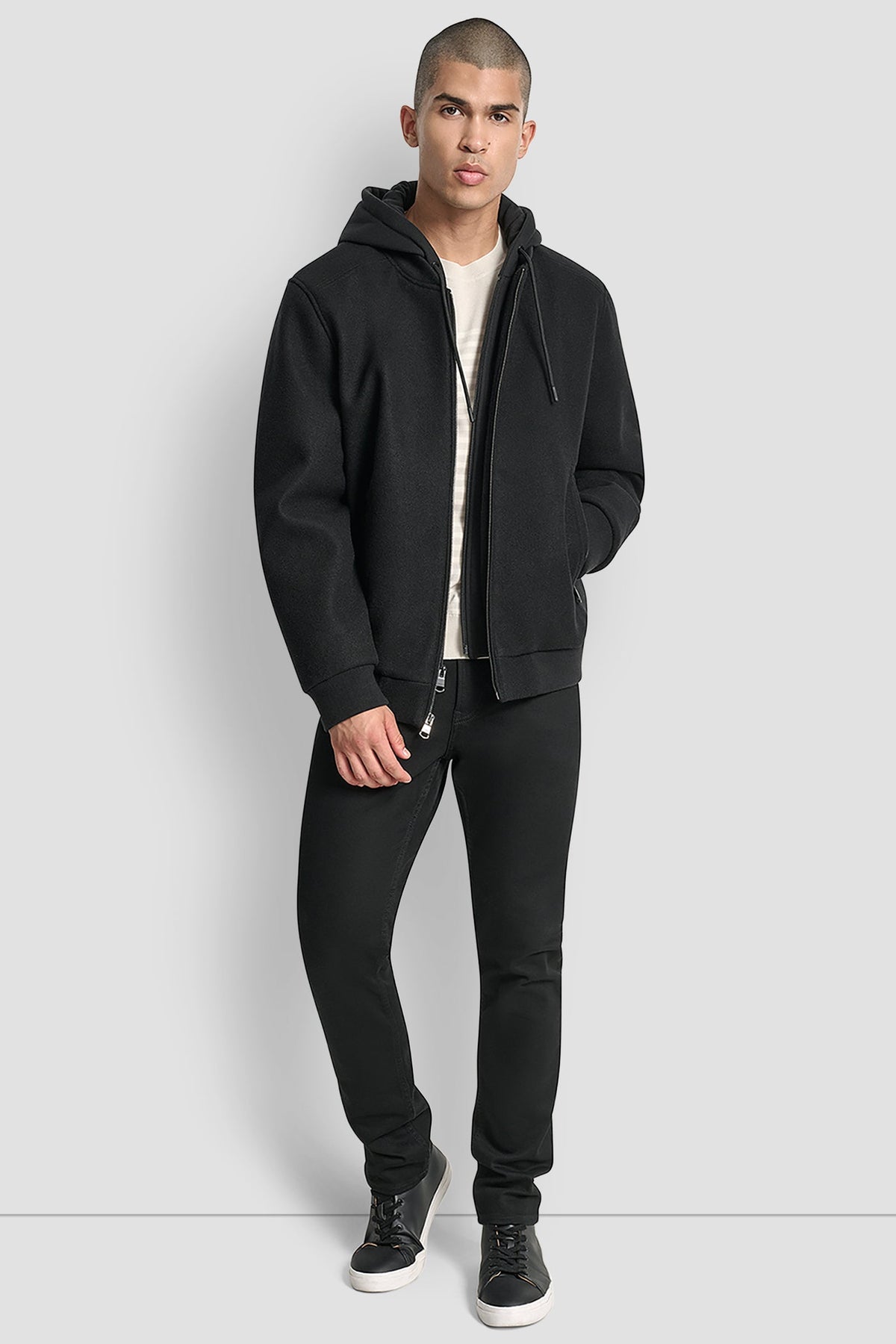 FAUX WOOL BOMBER WITH HOODED BIB