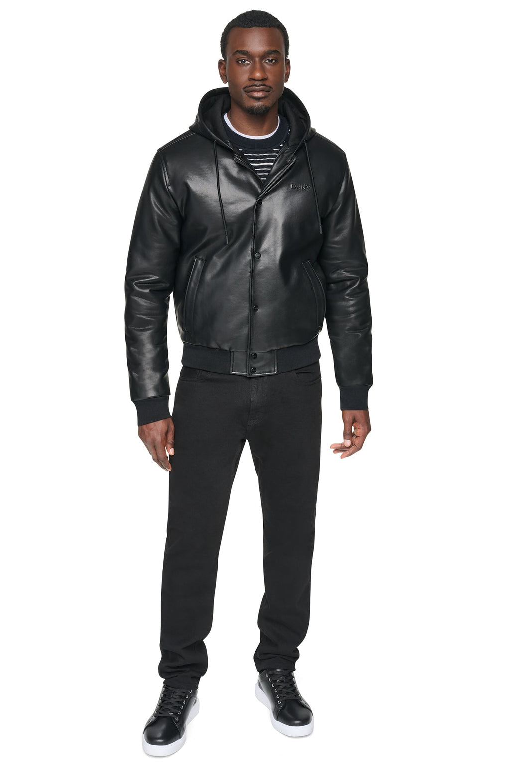 FAUX LEATHER HOODED BOMBER JACET
