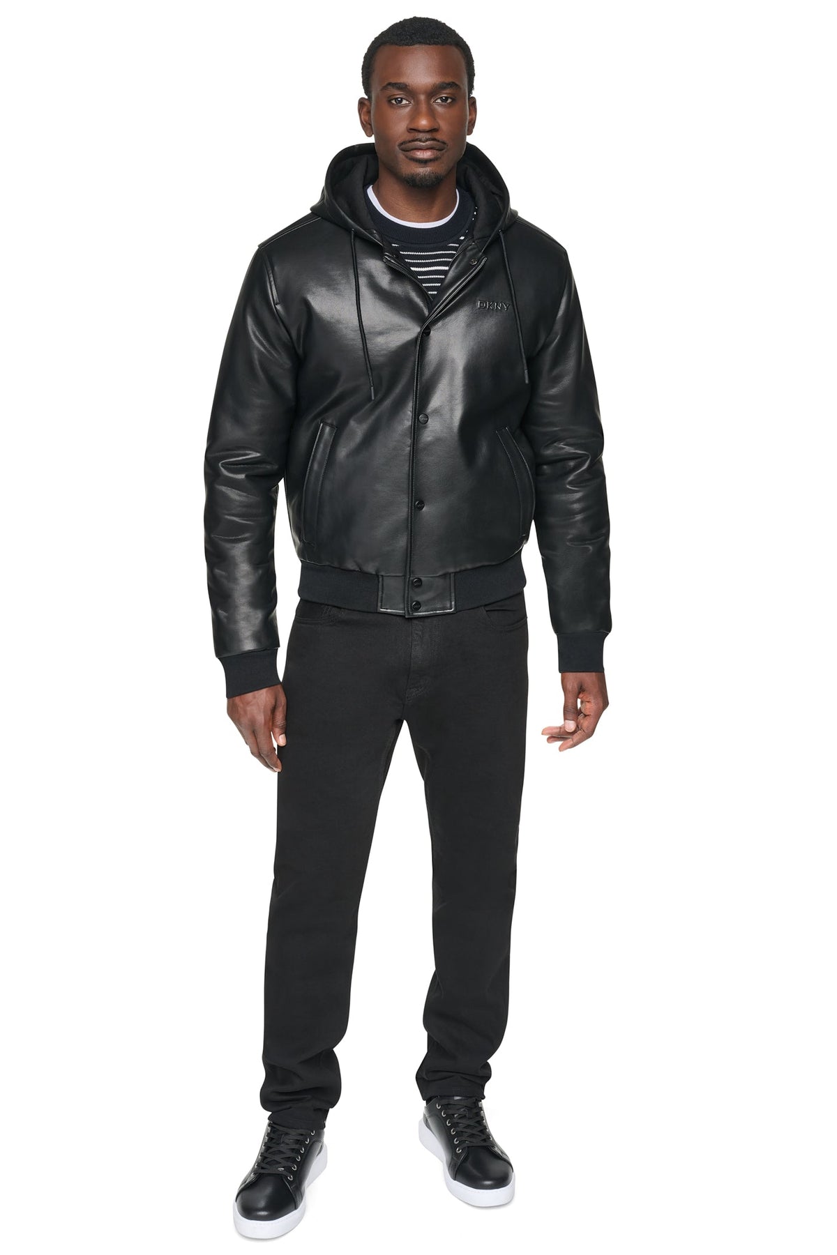 FAUX LEATHER HOODED BOMBER JACET