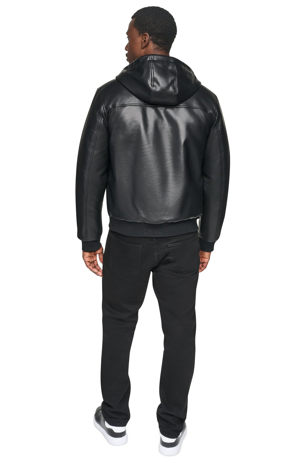 FAUX LEATHER HOODED BOMBER JACET