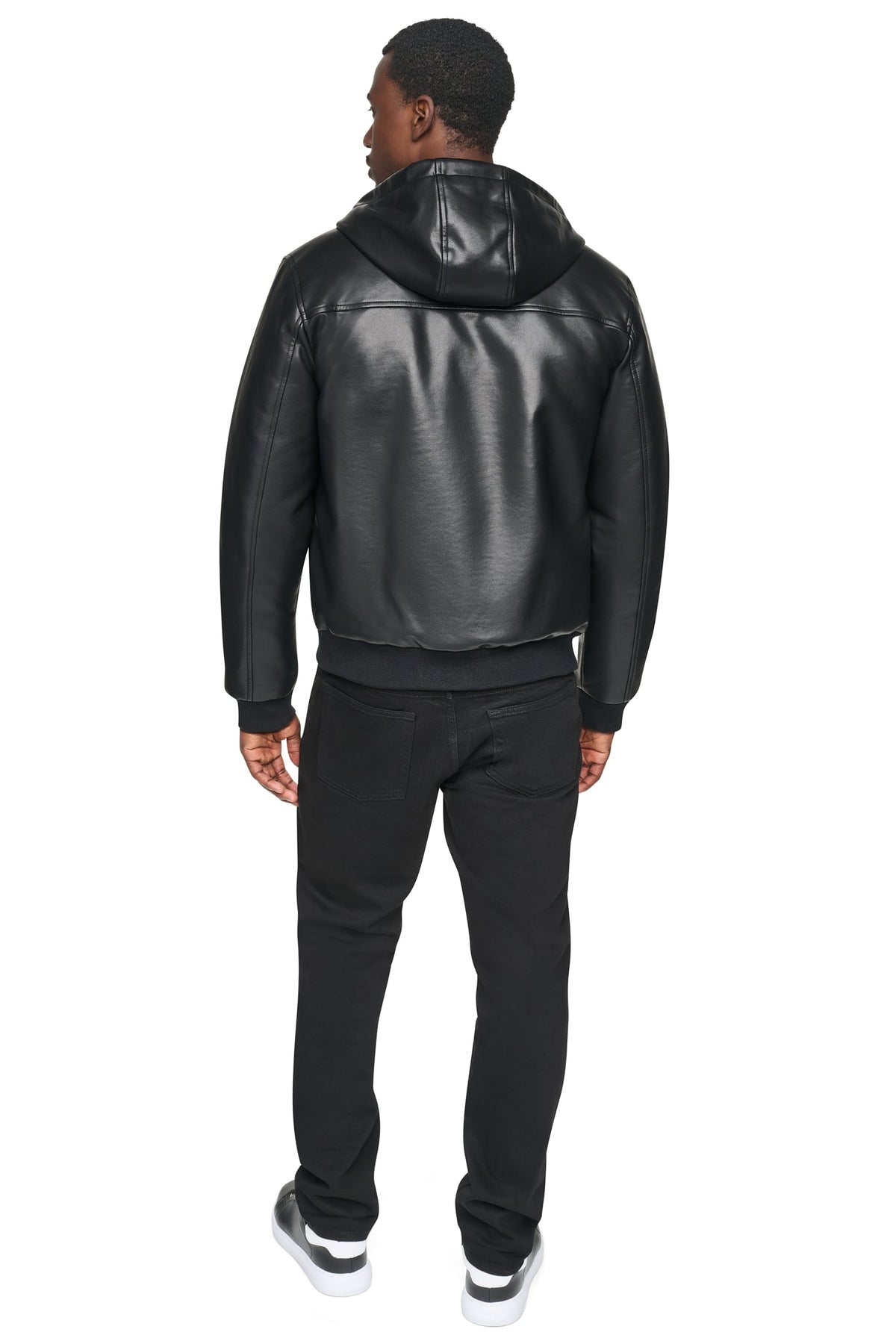 FAUX LEATHER HOODED BOMBER JACET