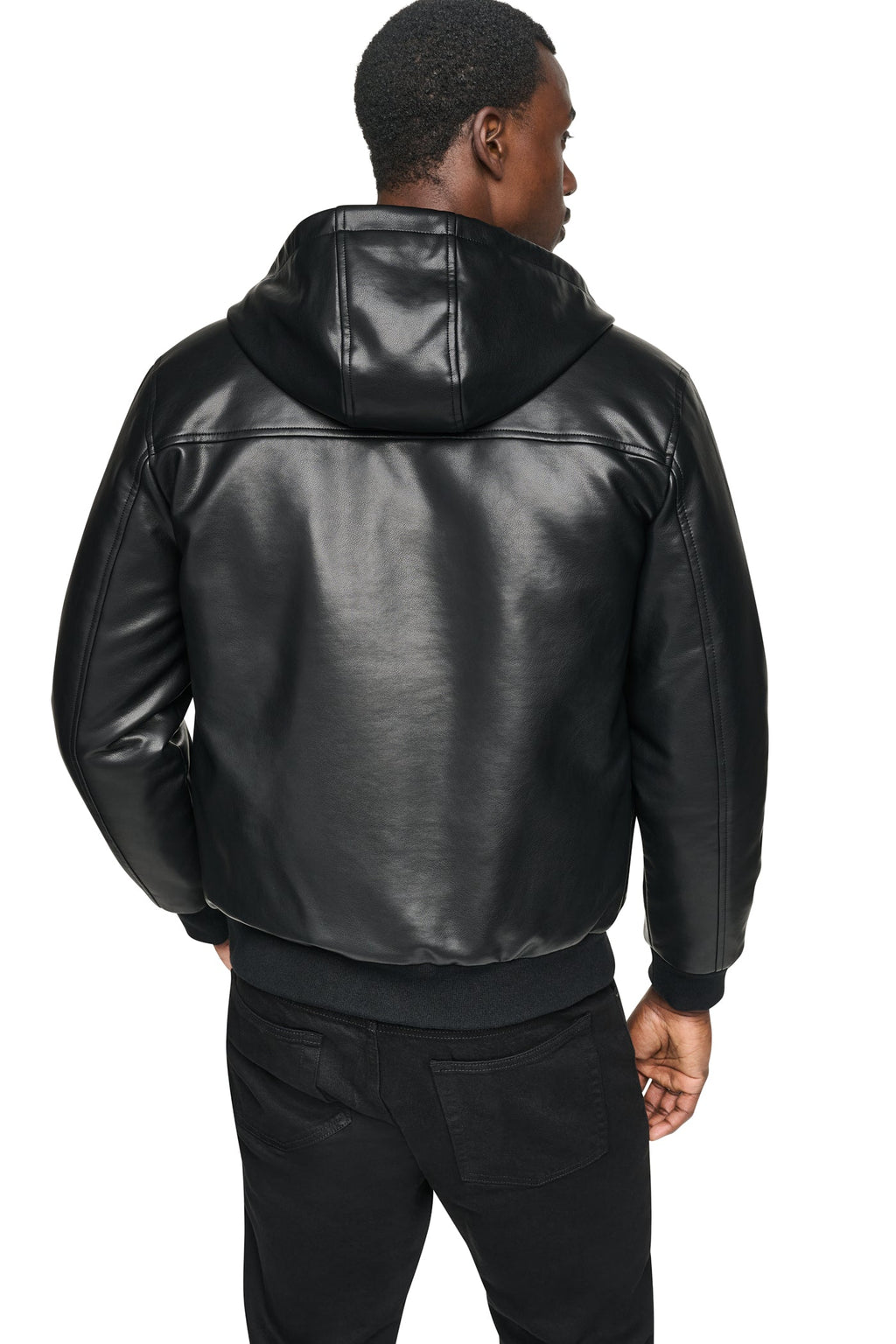 FAUX LEATHER HOODED BOMBER JACET